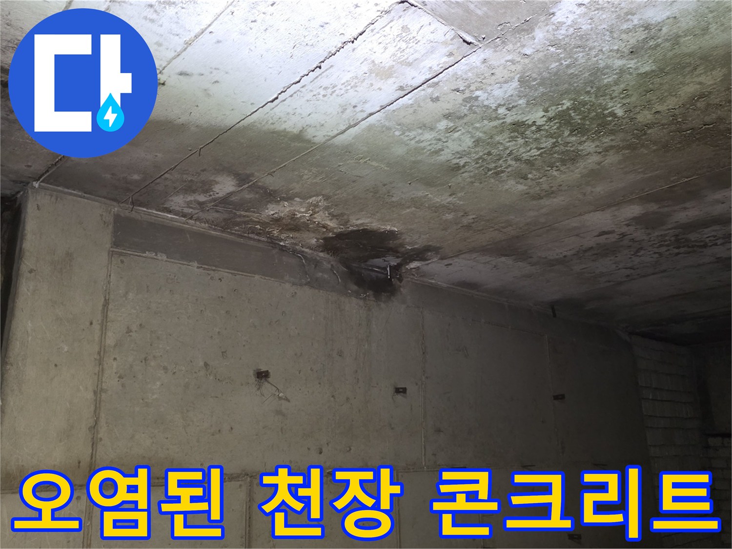 상가 건물 천장-물 침투로 인해 변색되고 오염된 슬래브 표면
