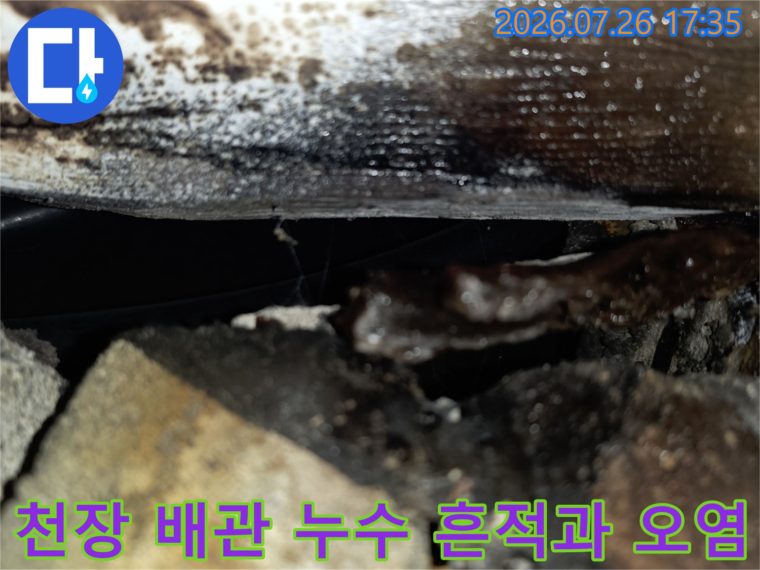 천장 슬래브와 배관 주변에 물기가 맺혀 있고 검게 오염된 모습-누수 현장 사진