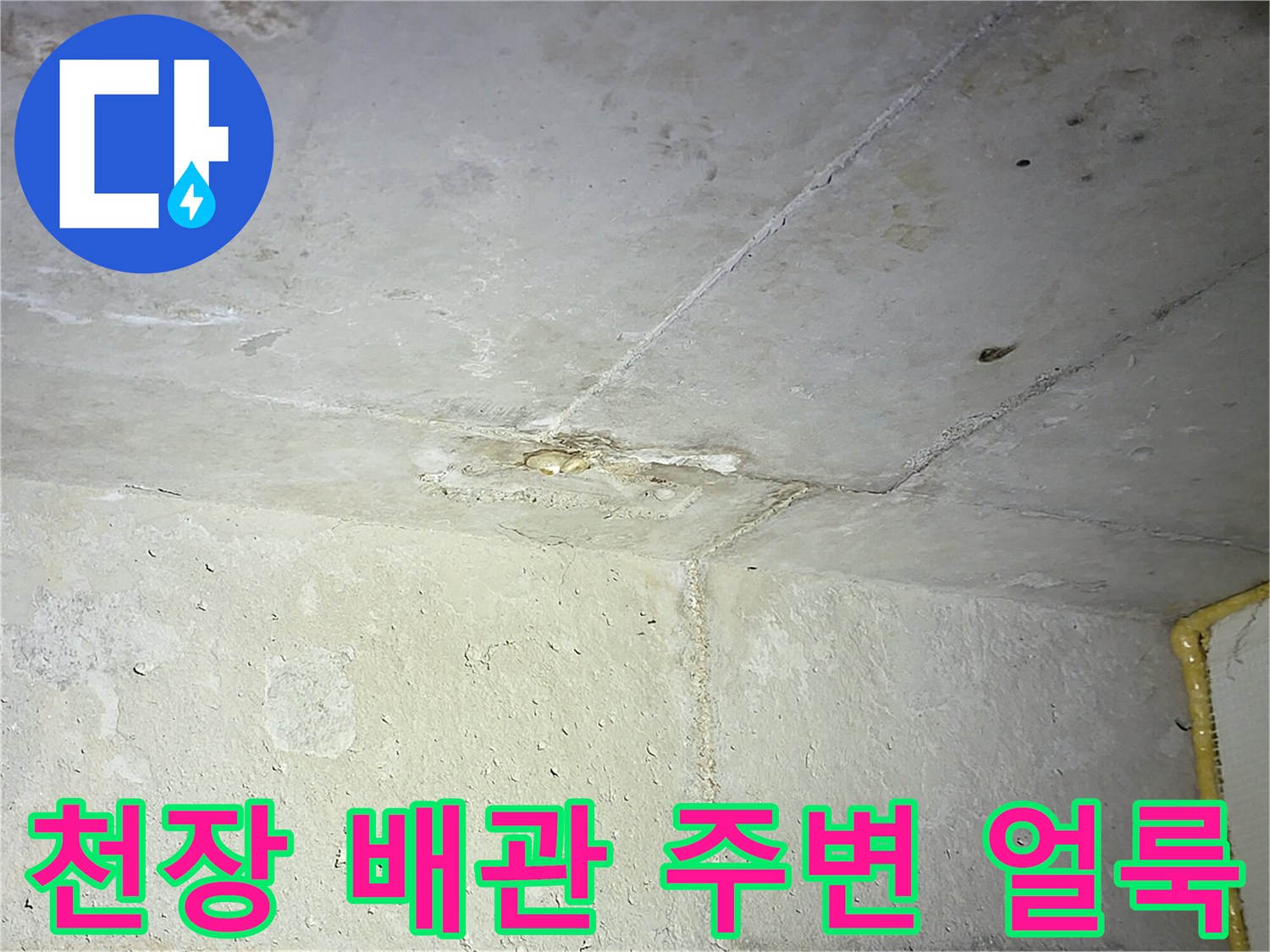화장실 천장 구조물-습기로 인해 변색된 천장 마감재 부위