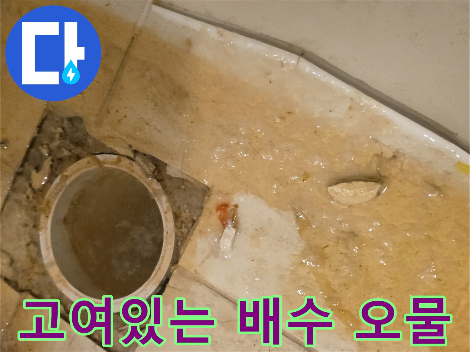 배관 입구-오염된 물이 넘치기 직전으로 고여 있습니다.