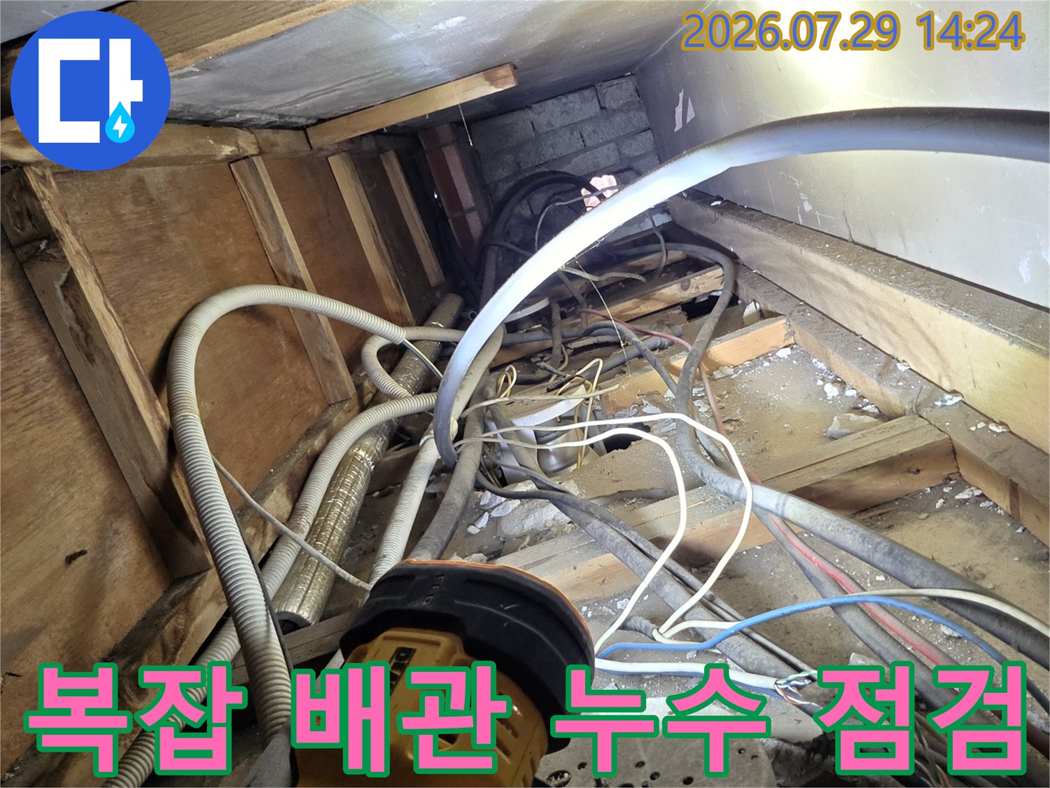 얽힌 노출 배관 구간에서 정밀 장비를 사용하여 누수 발생 지점을 추적하는 장면
