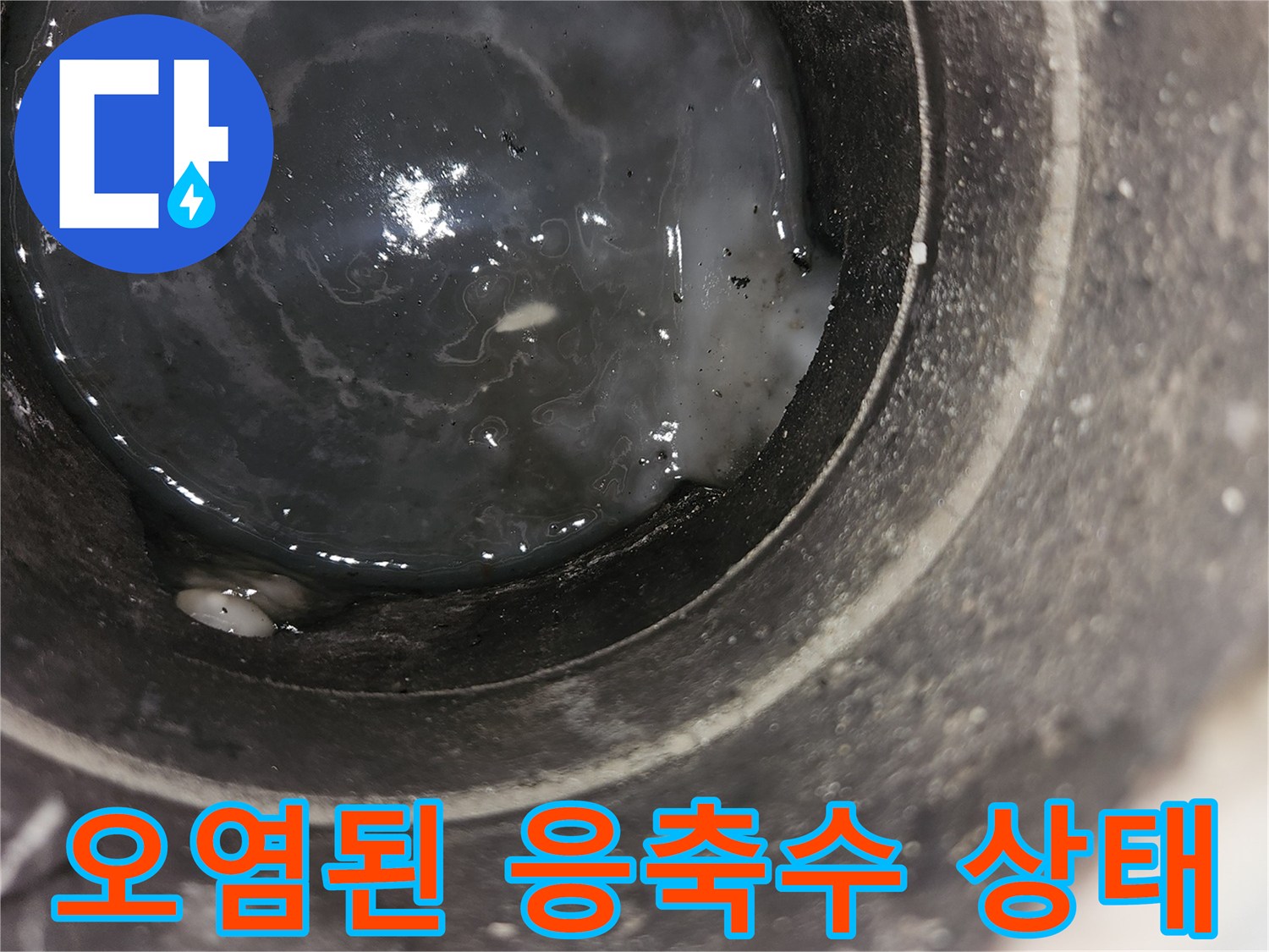 배수 파이프 내부-가득 찬 오염된 물과 찌꺼기