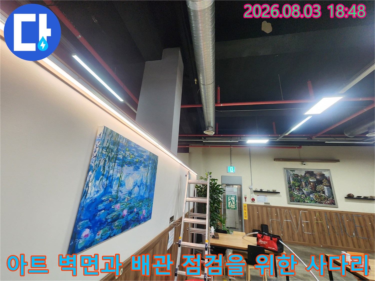 갤러리 느낌의 인테리어와 공사용 사다리 배치