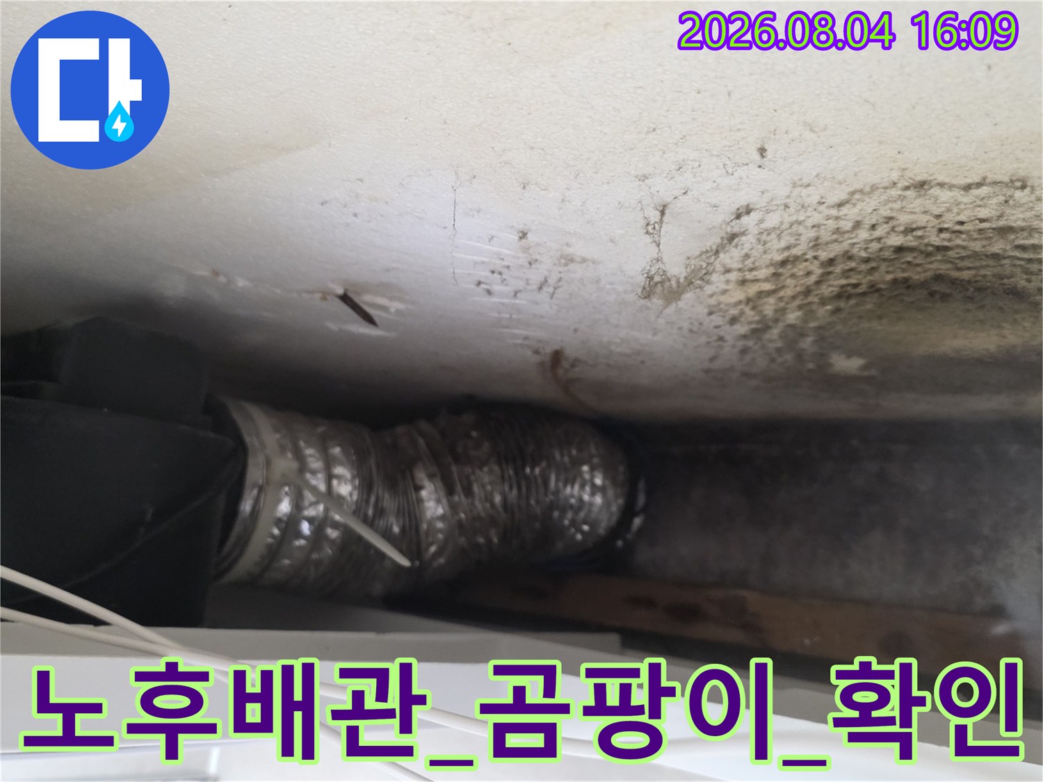 노후된 배관과 습기로 인한 천장 곰팡이 오염 상태를 보여주는 사진