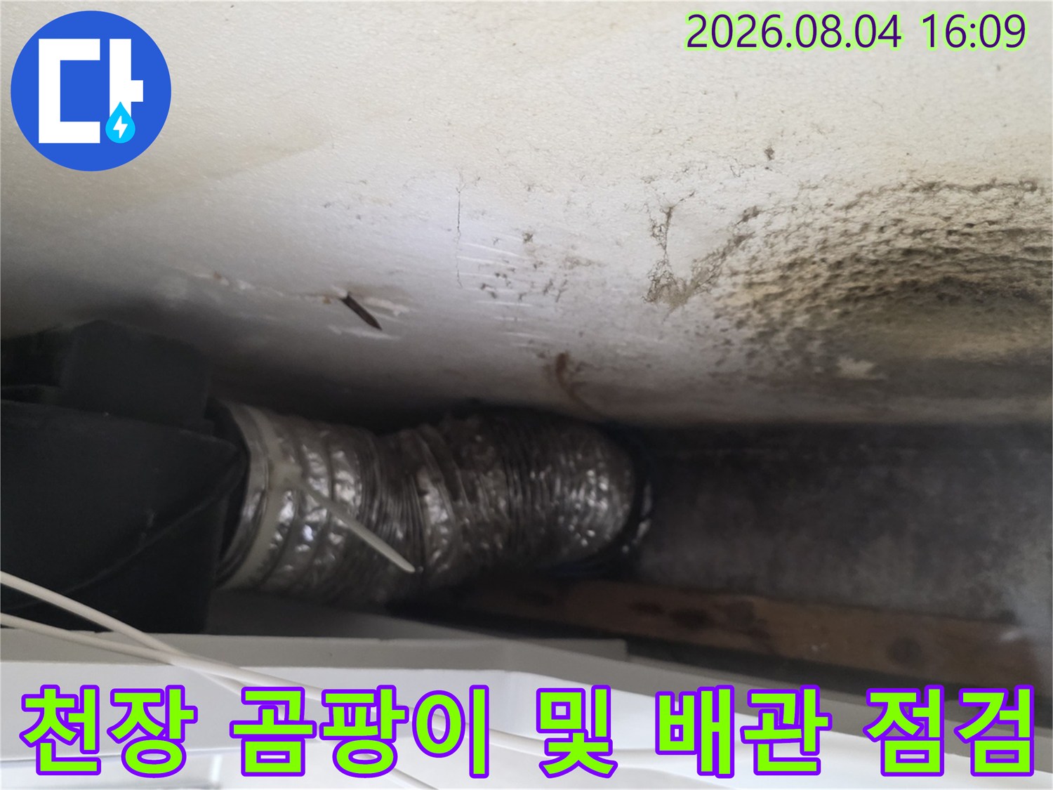 누수로 인한 천장 오염과 노출 배관의 상태를 세밀하게 관찰하는 장면