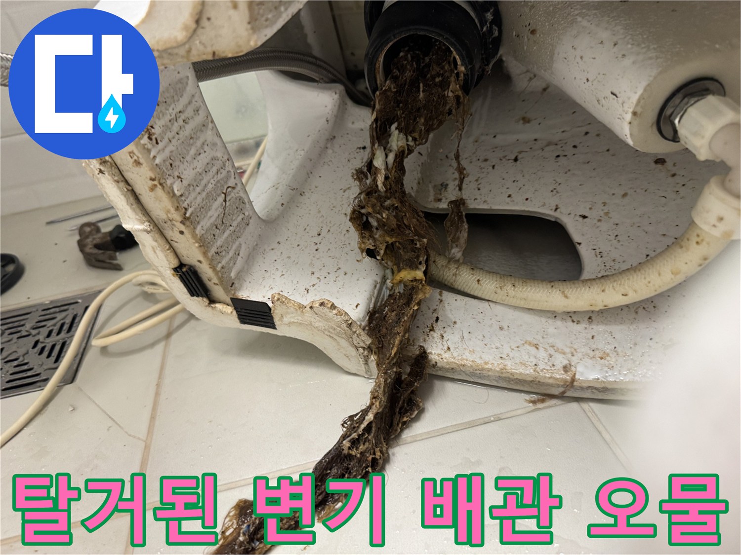 변기 탈거 후 드러난 오수관 내부의 오염된 이물질