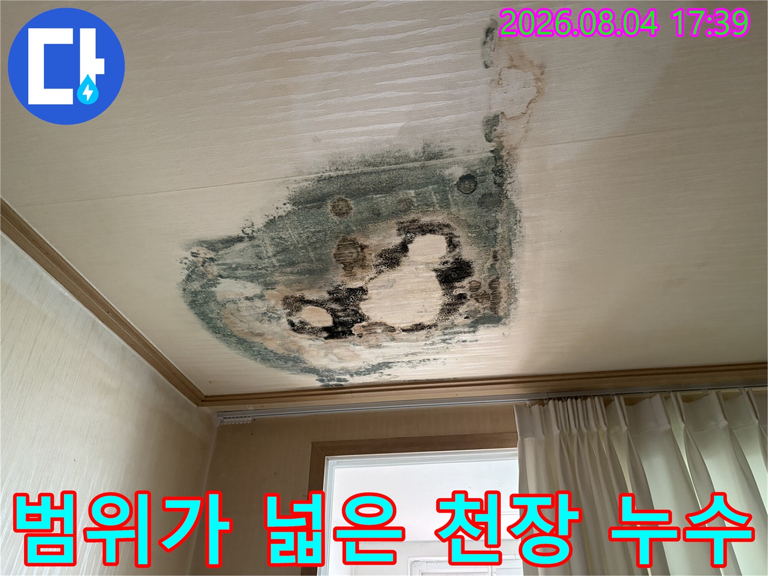 누수로 인해 변색되고 곰팡이가 발생한 아파트 천장 부위