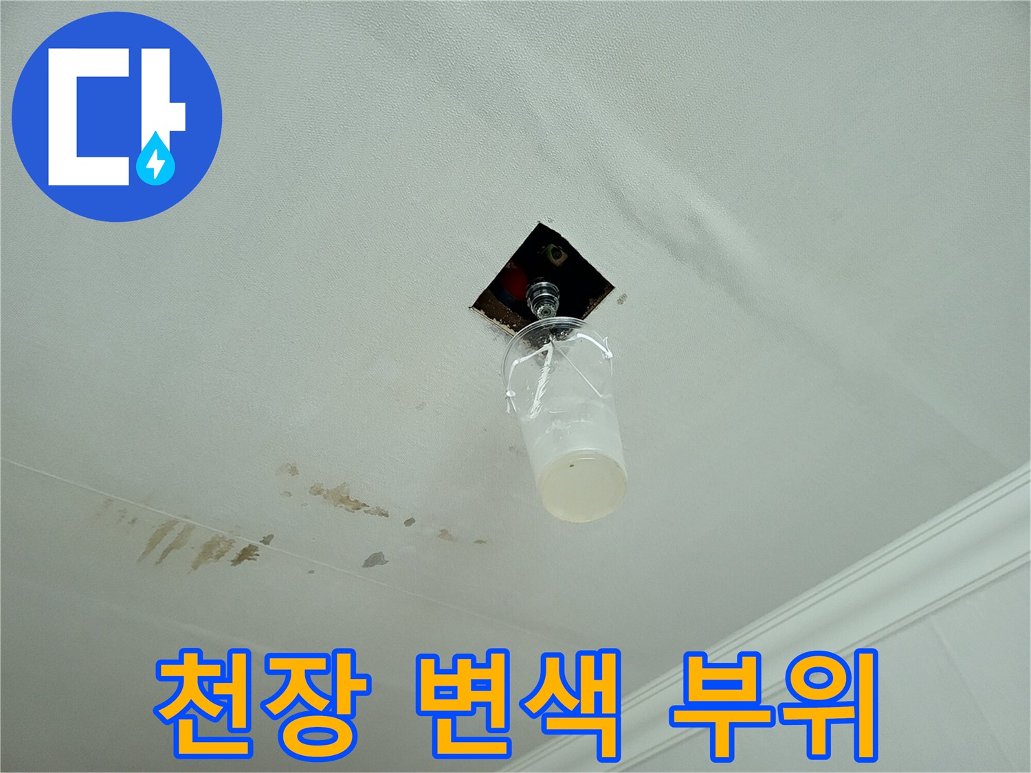 분당 아파트 내부-물샘으로 인해 변색된 거실 천장 모습