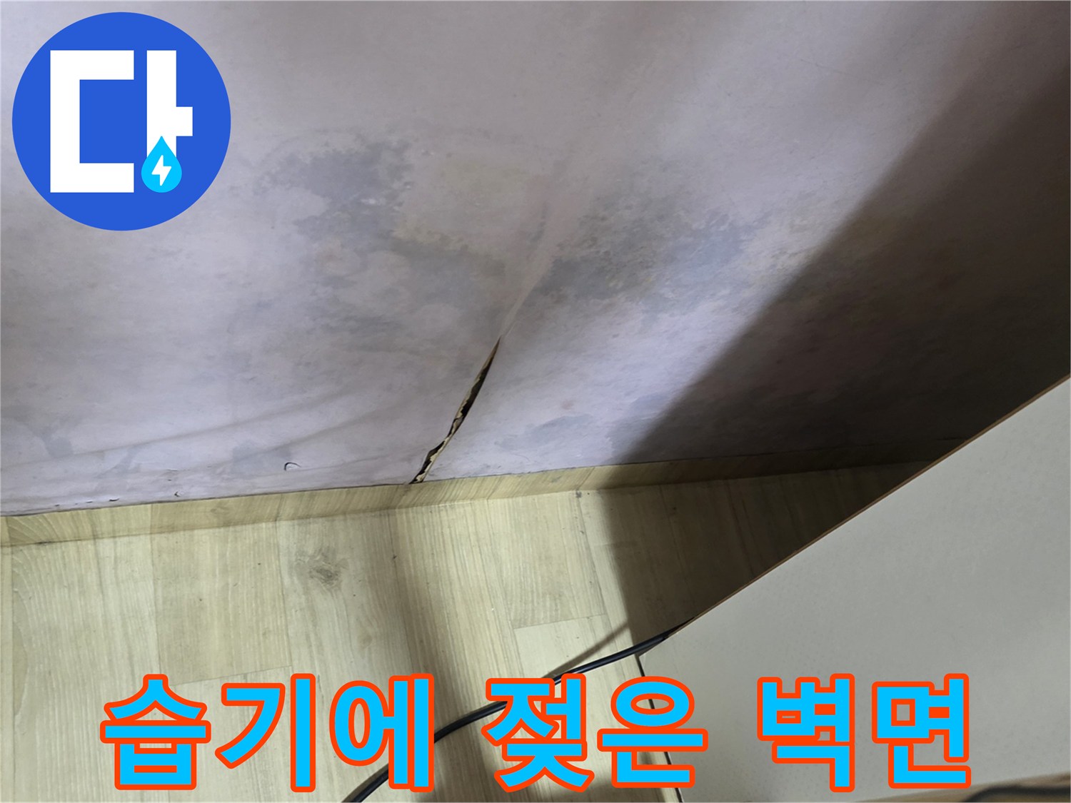 습기 침투로 인해 변색이 진행된 벽면 하단 부위 상세 사진