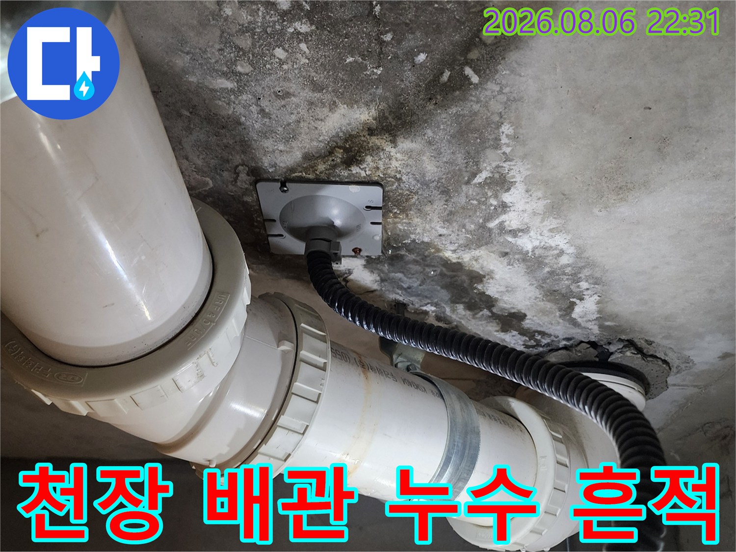 고양시 덕양구-화장실 천장 배관 주변의 습기와 오염 상태를 보여주는 사진입니다.
