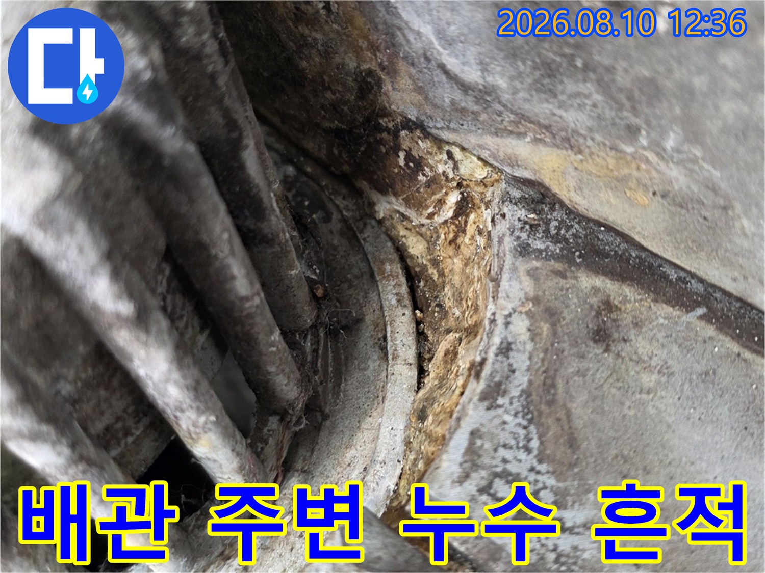 동대문구 장안동 현장의-배관 접합부 틈새와 물에 젖은 흔적