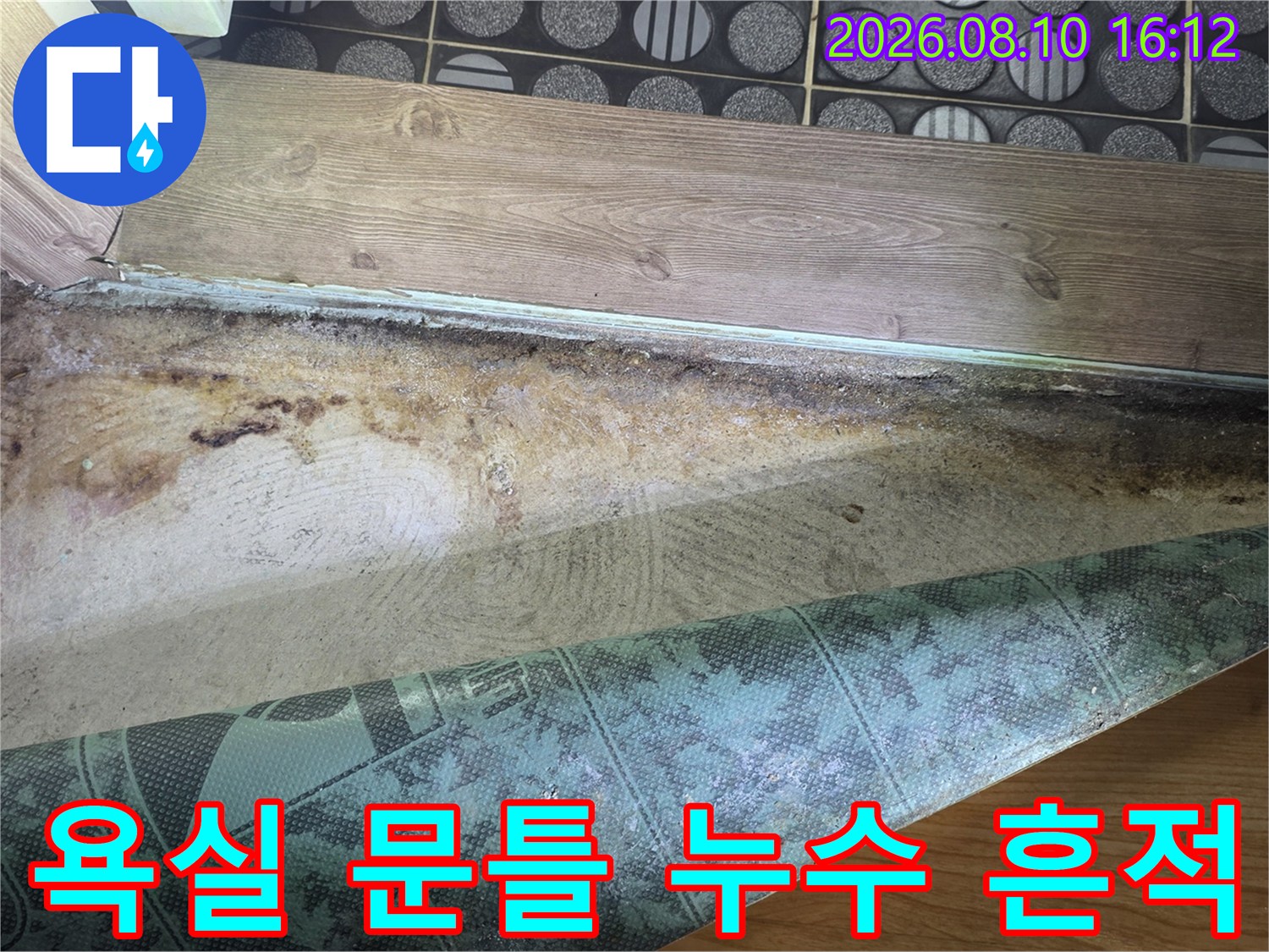 구리 인창동 아파트 화장실 문틀 주변의 젖은 벽면과 곰팡이 상태