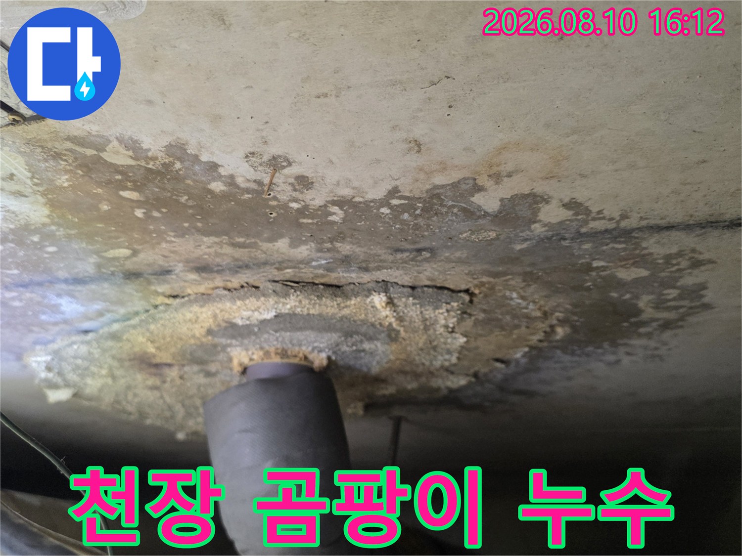 욕실 천장 배관-주변의 젖은 얼룩과 곰팡이가 발생한 현장 모습