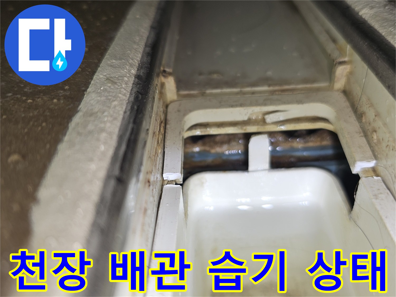 아파트 천장 내부-배관 연결 부위 주변의 습기와 물 고임 현상