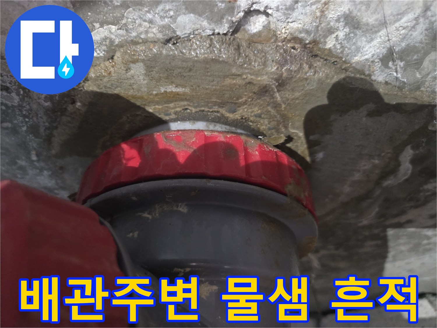 욕조 배수관 주변-슬라브 틈새로 스며든 누수 흔적