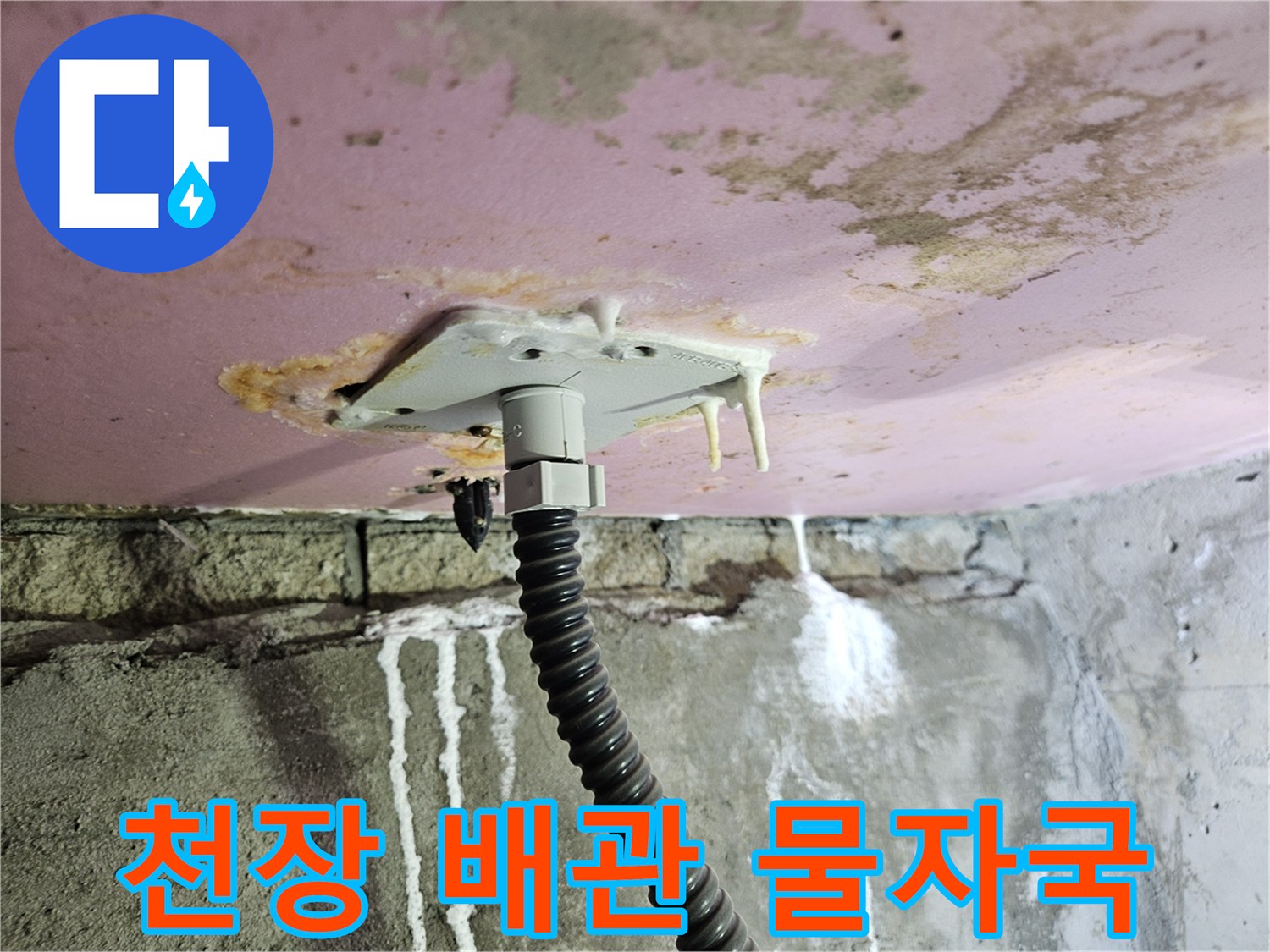 양주 옥정동 화장실 천장 내부의 배관 주변 누수 흔적과 석회 자국