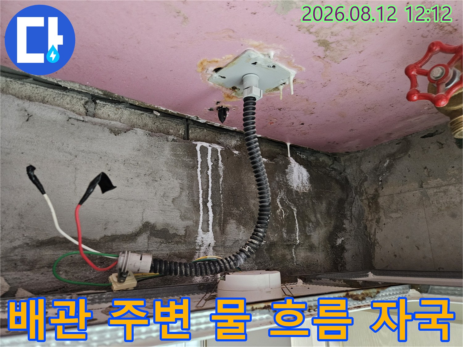화장실 천장 내부-전선관 주위로 발생한 흰색 누수 흔적과 얼룩