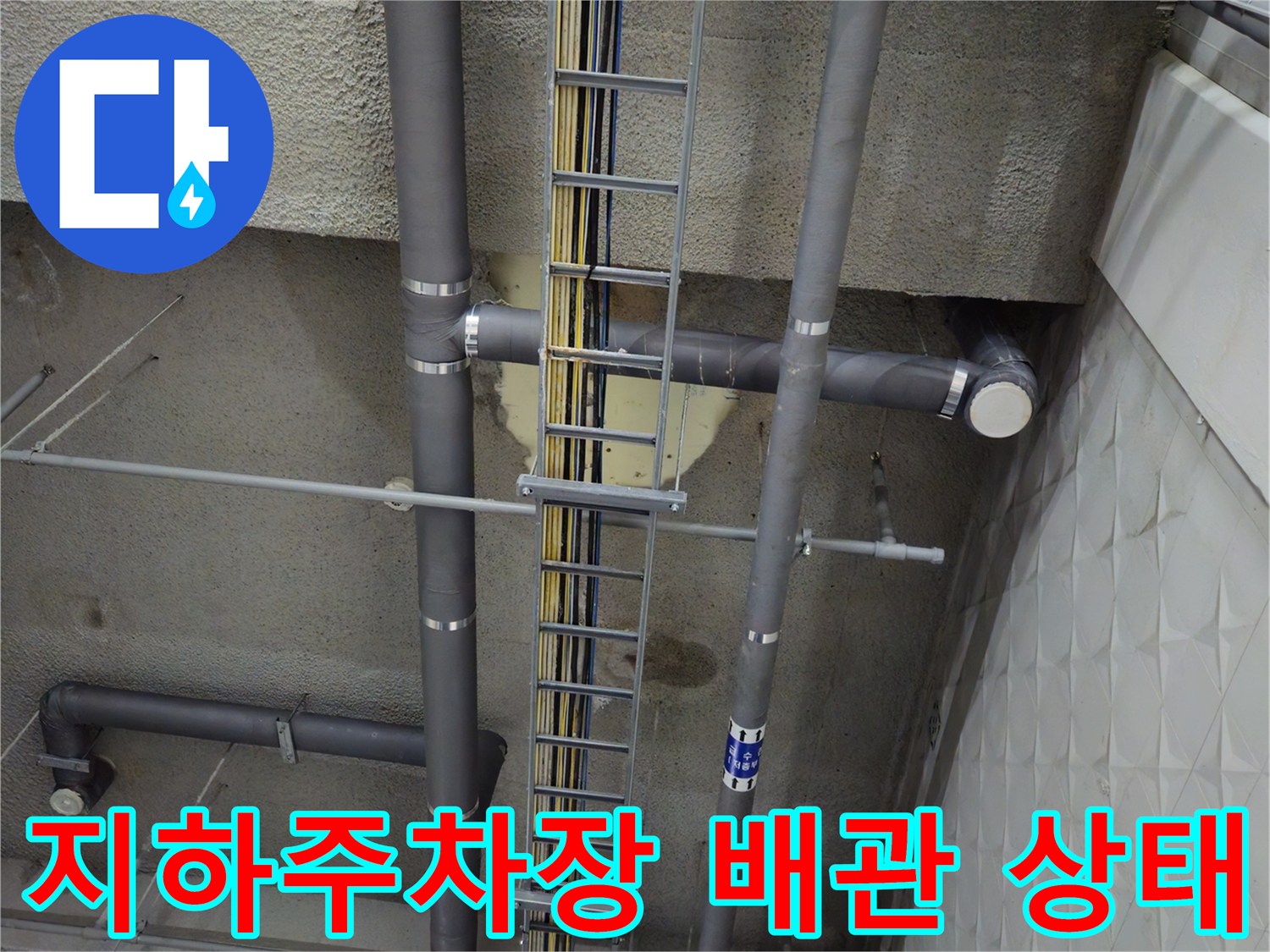 과천 별양동 상가 지하주차장 천장의 복잡한 배수관과 전선 트레이 구조