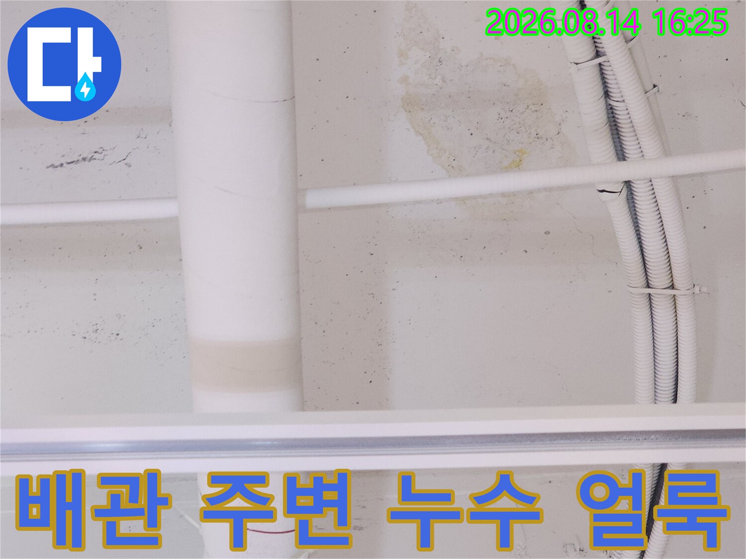 하얀색 배관과 전선관 주변에 발생한 천장 누수 흔적 사진