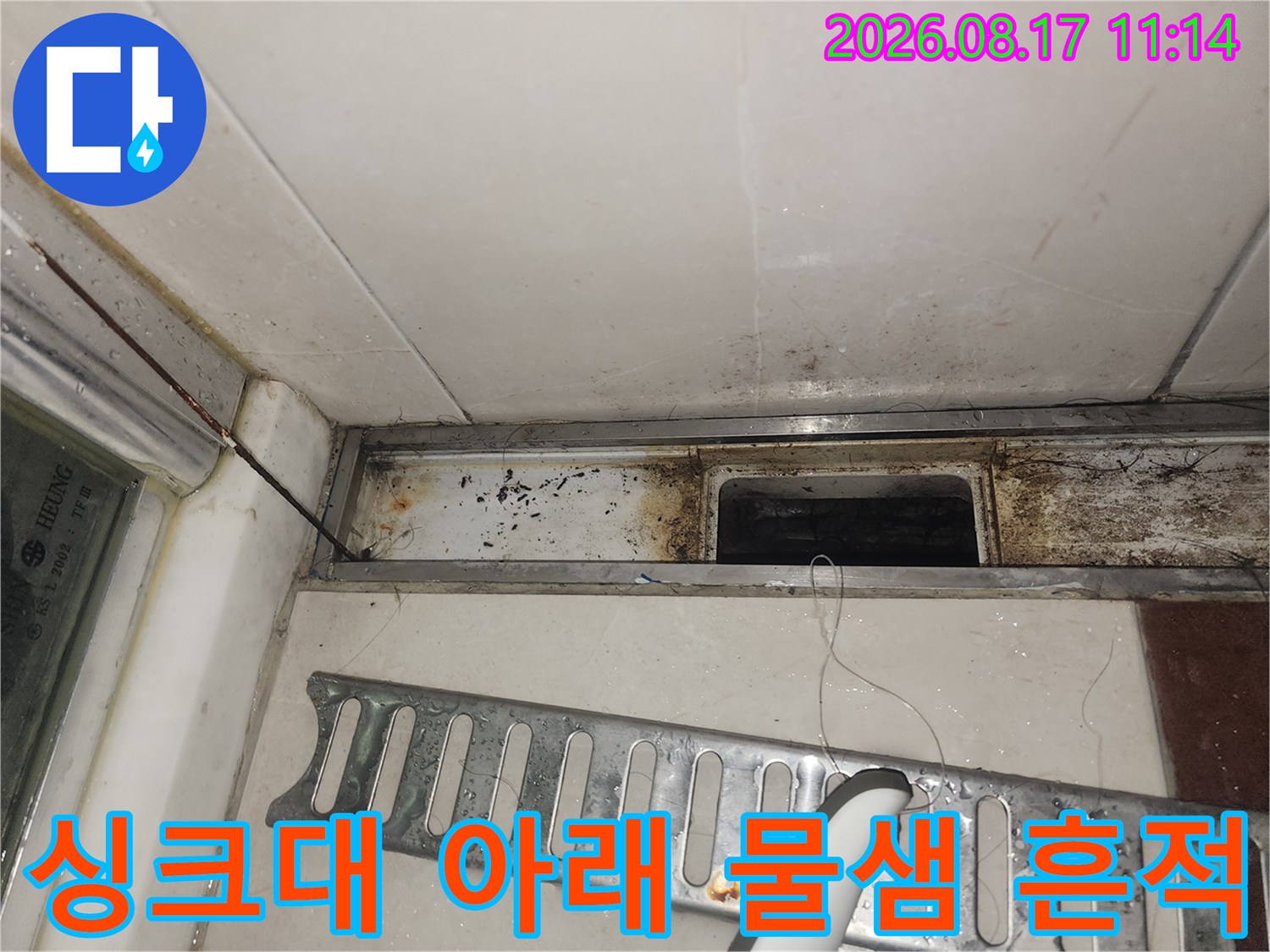싱크대 하단 공간-배관 주변에 발생한 곰팡이와 습기 오염 현상