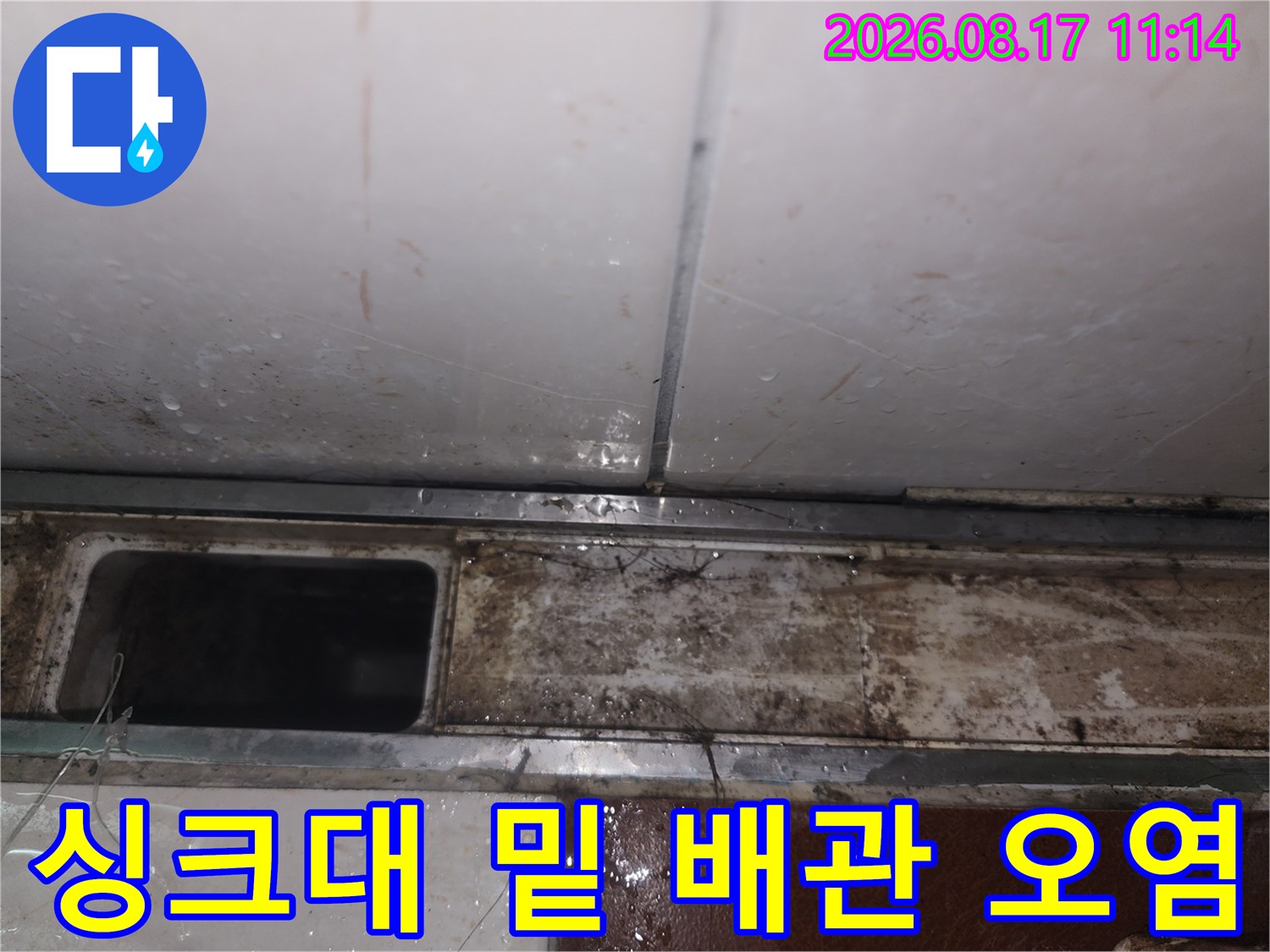 싱크대 하단 마감재의 변색과 습기가 침투한 배관 주변 모습