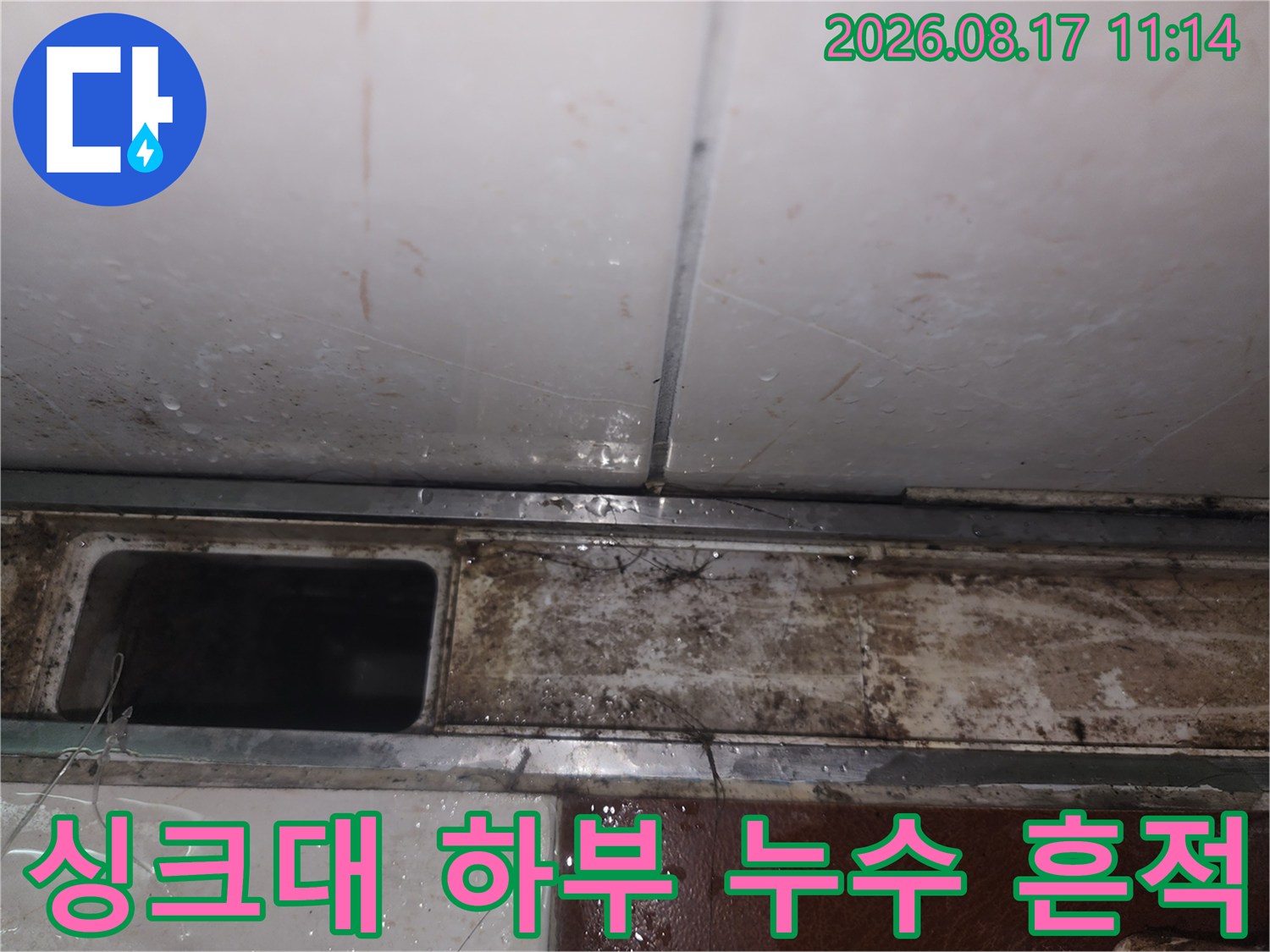 여의도동 아파트 싱크대 하부 배관 주변의 습기와 오염 상태
