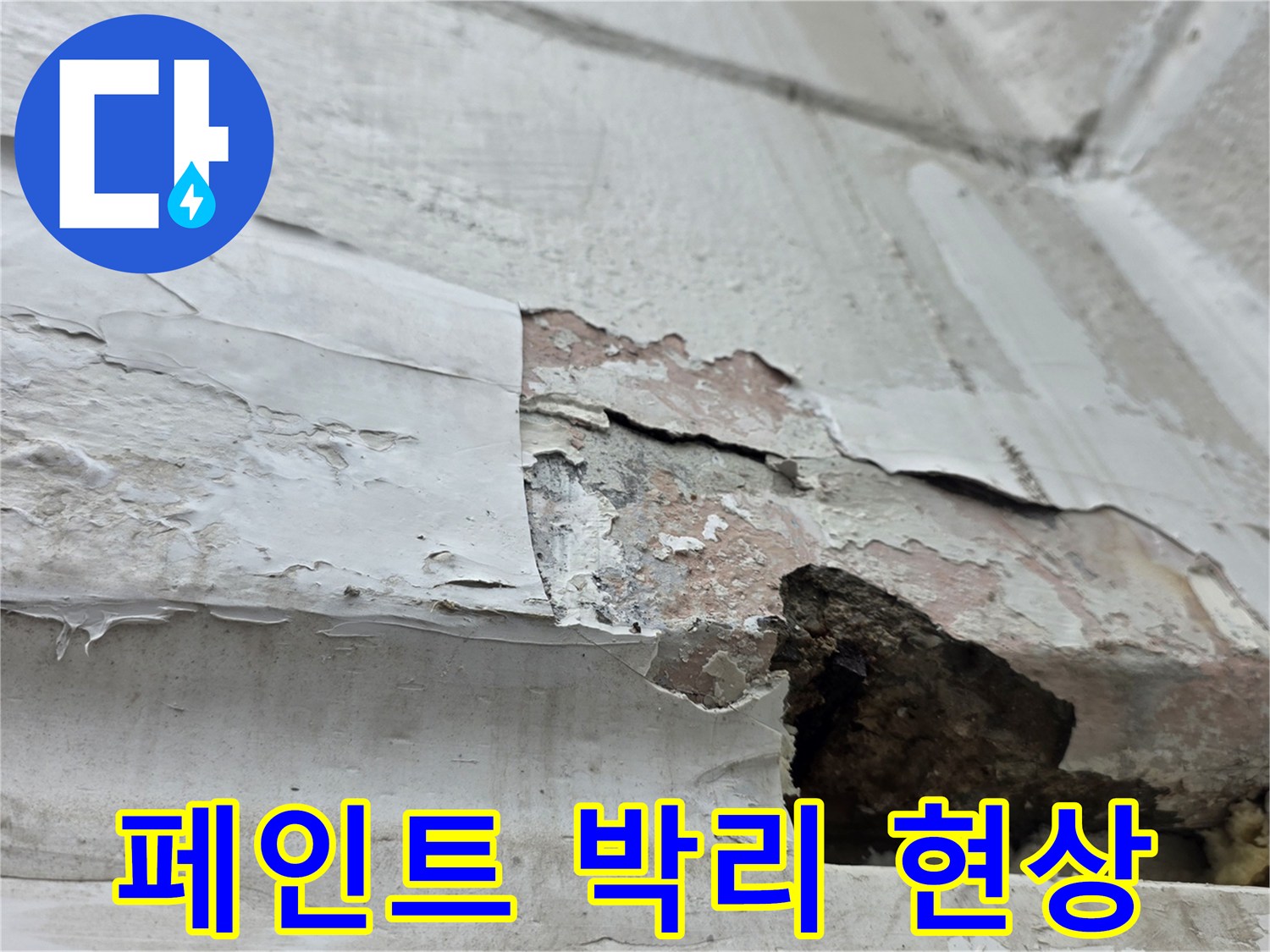 누수로 인해 페인트가 벗겨지고 콘크리트가 드러난 벽면 상태