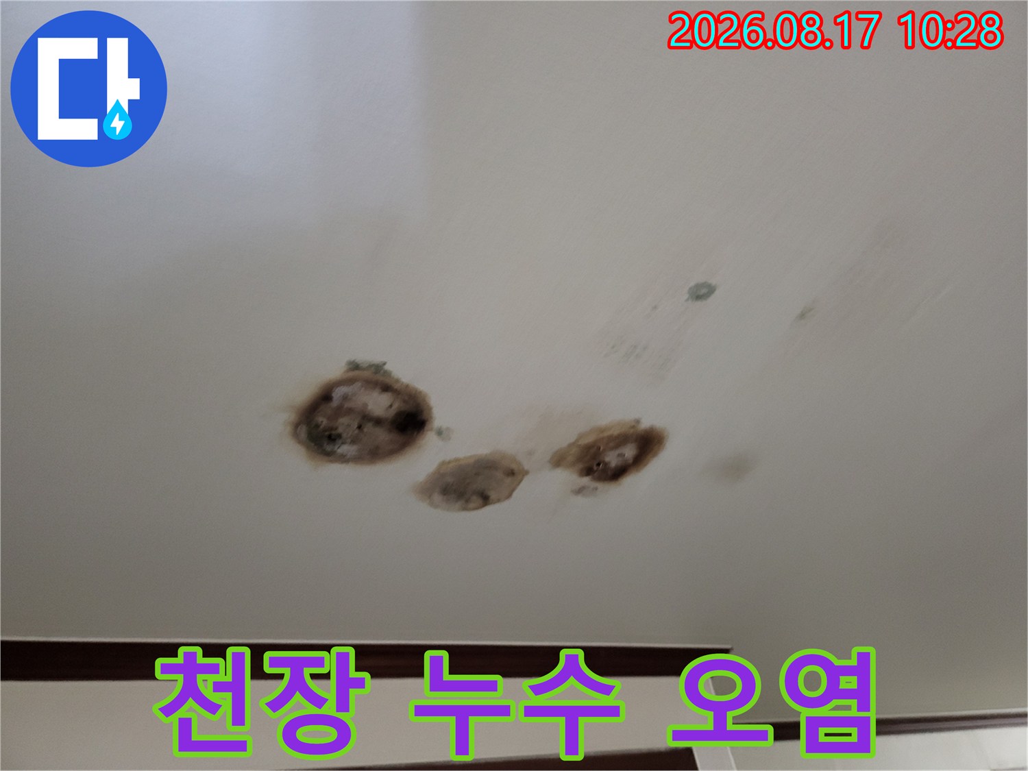 천장 마감재에 발생한 누수 및 변색된 얼룩 부위