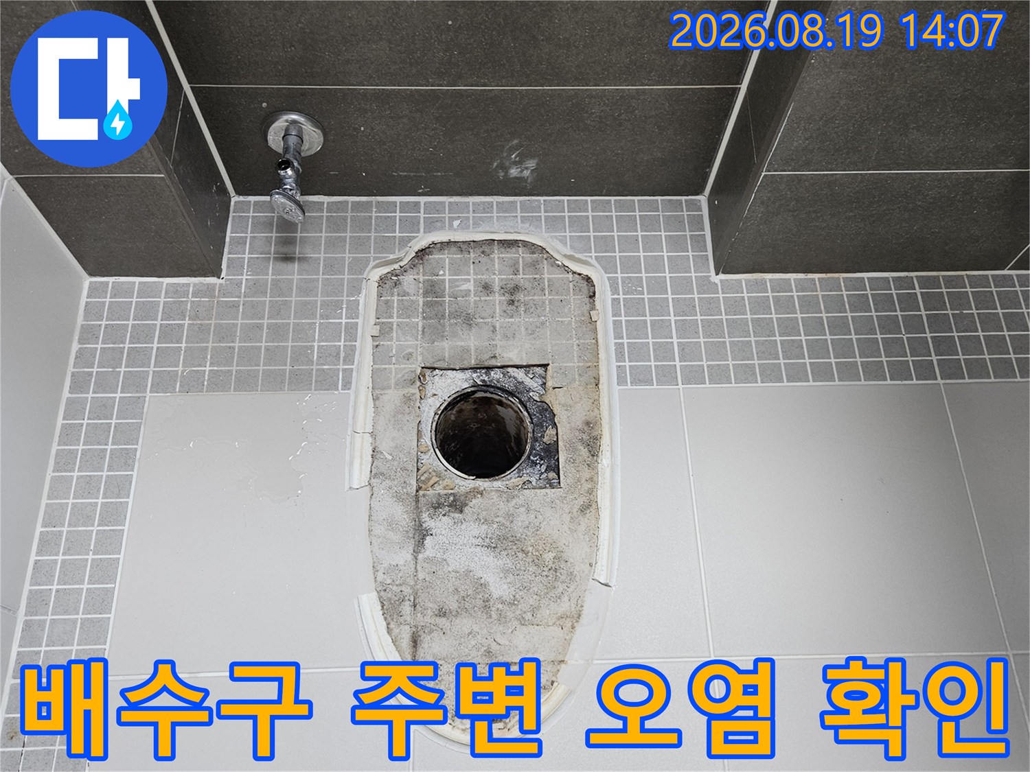 변기 제거 후 나타난 배수구 주변의 젖은 타일과 오염된 부위