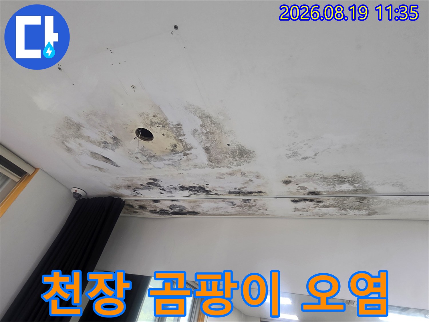 천장 조명 부위 주변의 심한 누수 오염 상태입니다.