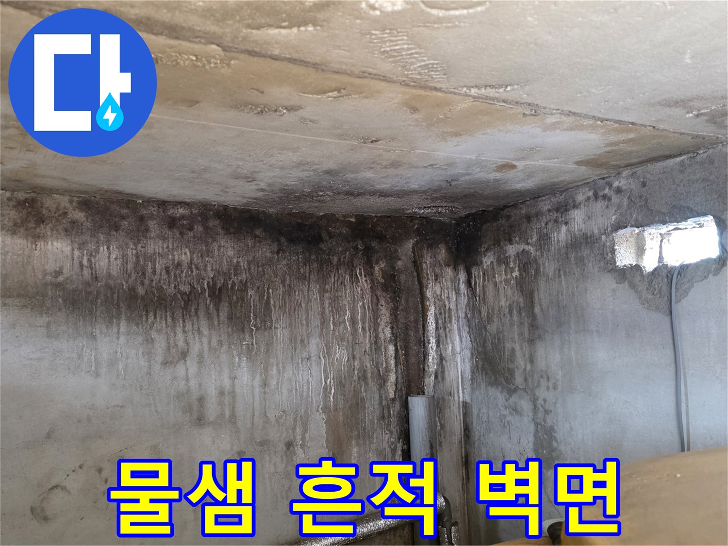 누수로 인해 검게 변색된 천장과 벽면의 오염 부위
