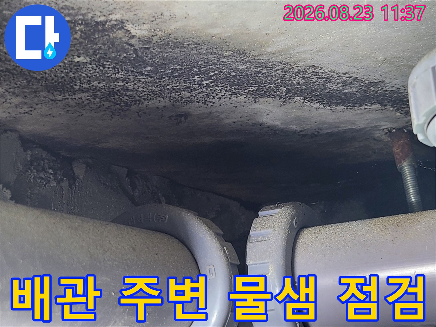 천장 배관 연결 부위 근처에 나타난 누수 흔적과 오염된 천장면