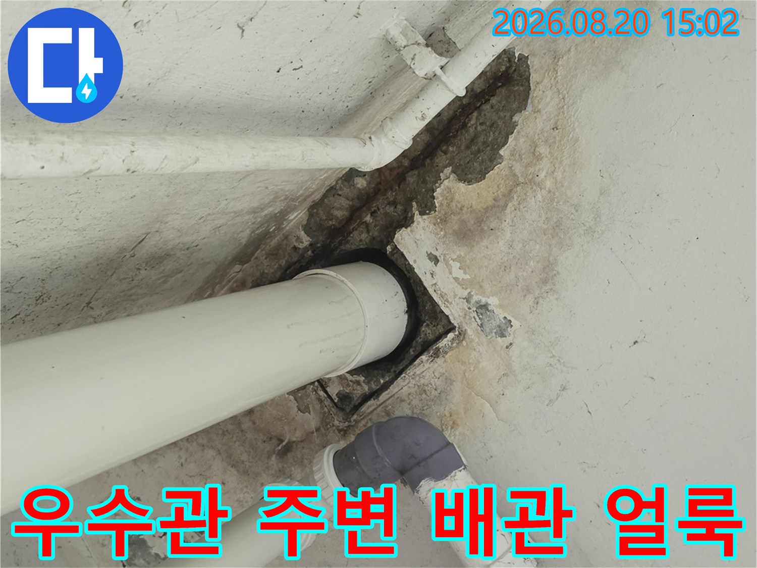 양천구 신월동 아파트 우수관 주변의 배관 결함과 벽면 습기 상태