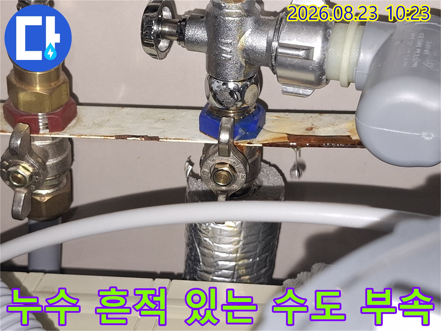 싱크대 하부-배관 연결 커넥터 주변의 누수 및 습기 상태