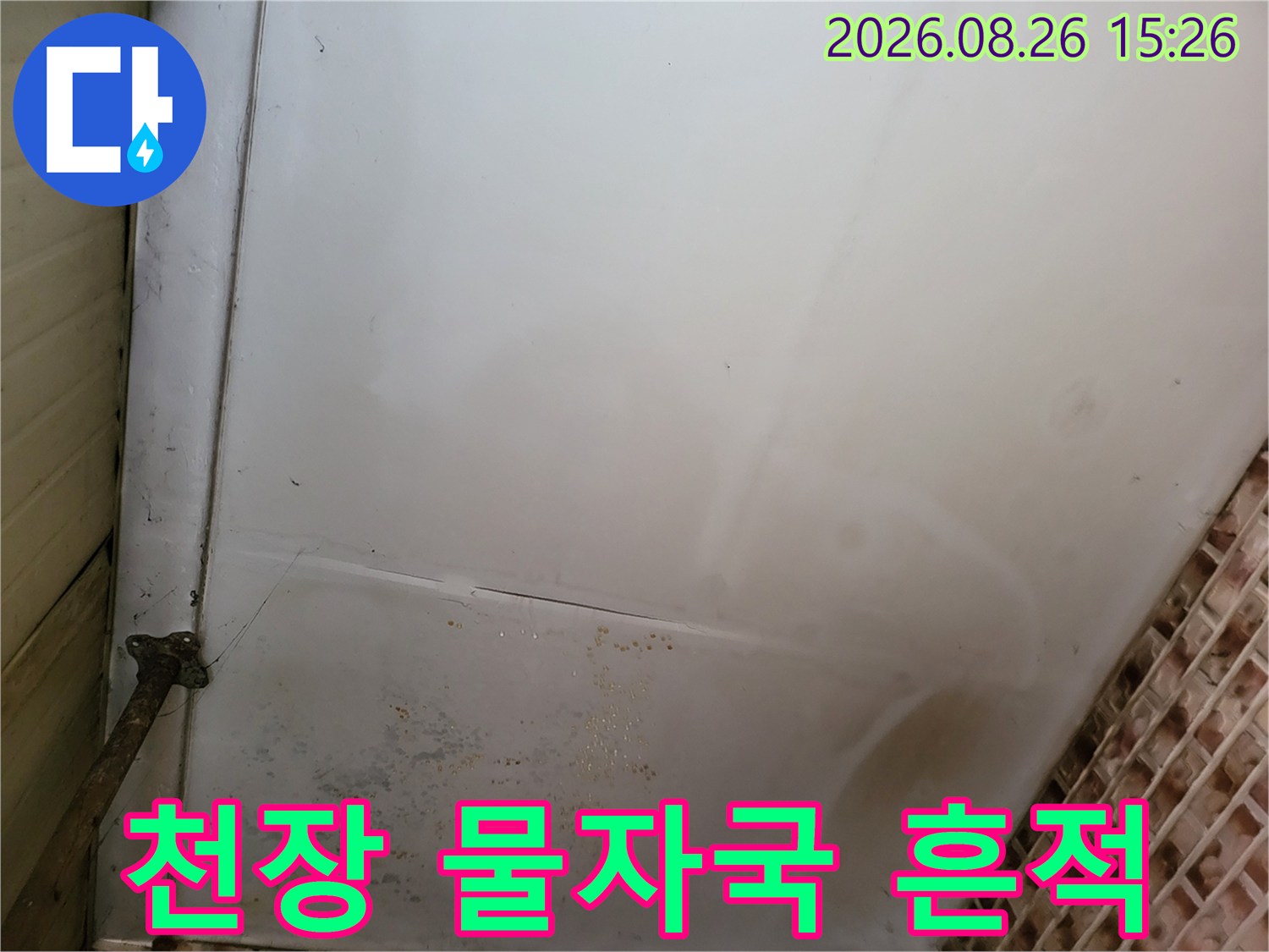 천장 마감 부위-넓게 퍼진 누수 얼룩과 변색 현황