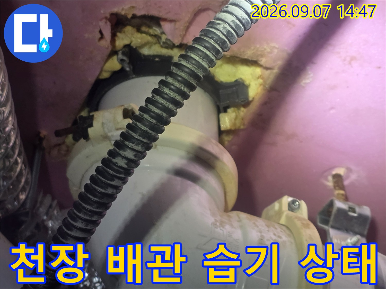 습기에 젖어 있는 천장 배관 및 마감재 부위