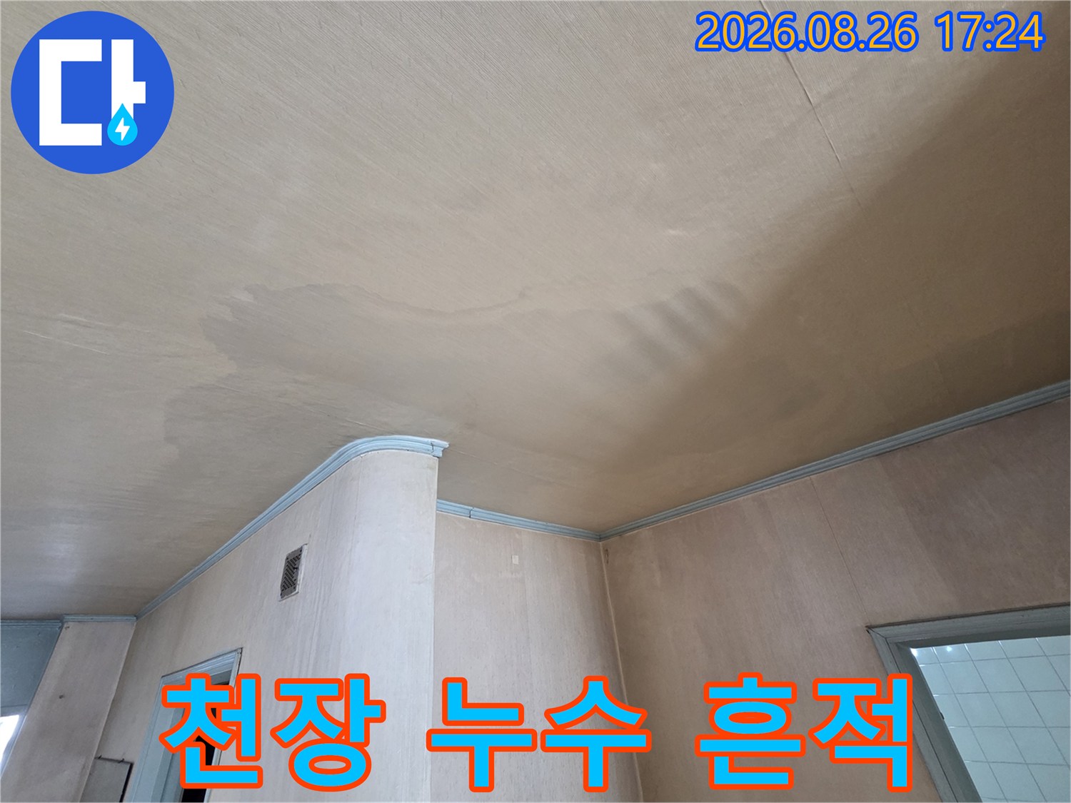 넓은 면적에 걸쳐 나타난 천장 벽지 누수 변색 부위