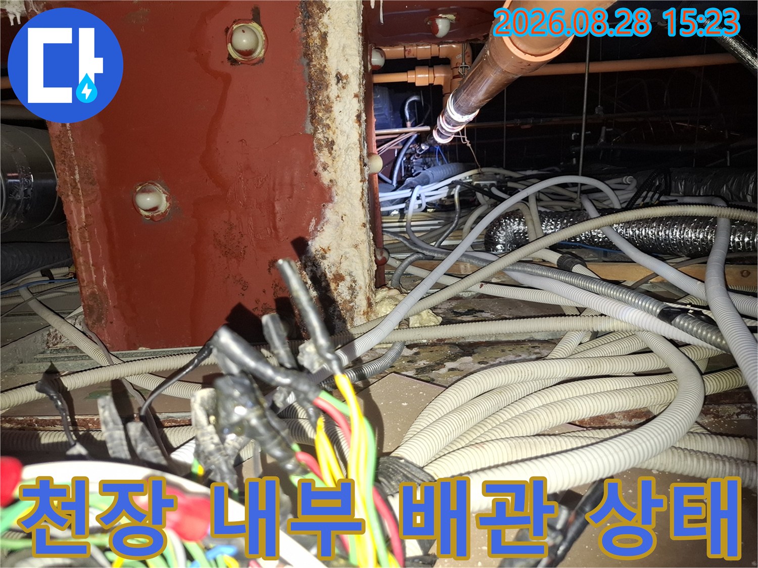 철산동 건물 천장 내부의 부식된 기둥과 복잡한 배관들