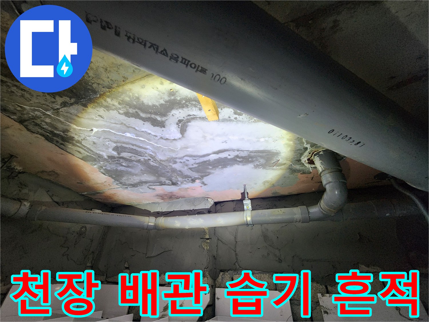 배관 하단 콘크리트 부위의 젖은 얼룩과 백화 현상