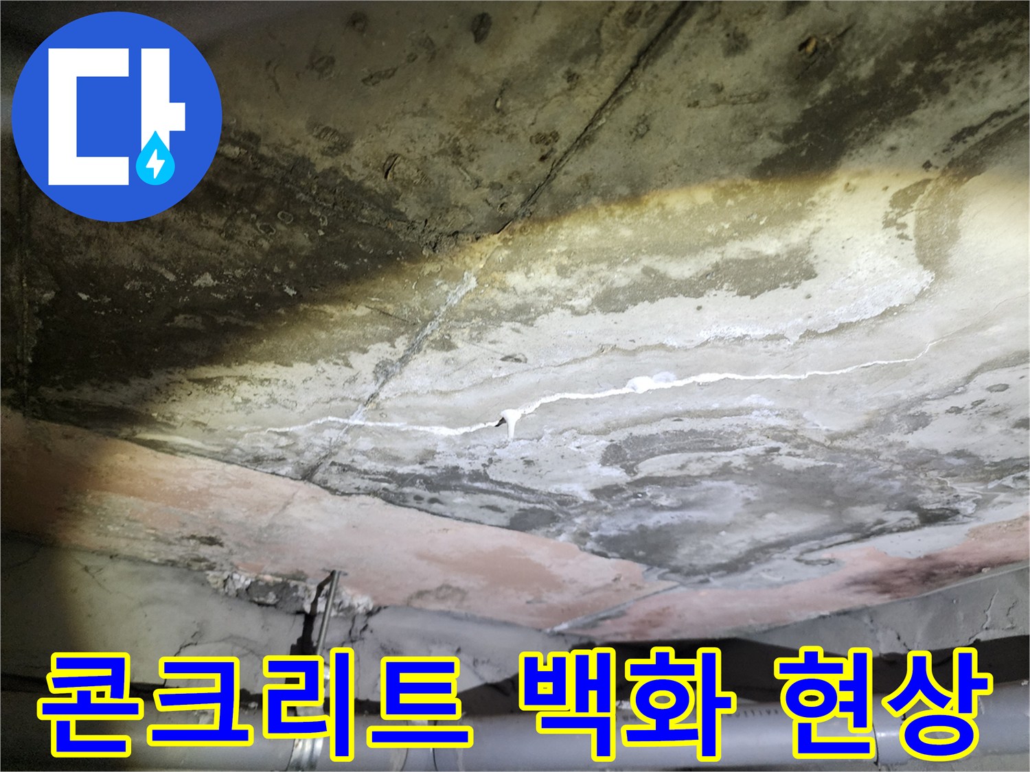 천장 내부의-젖은 배관 주변-백화 오염 상태
