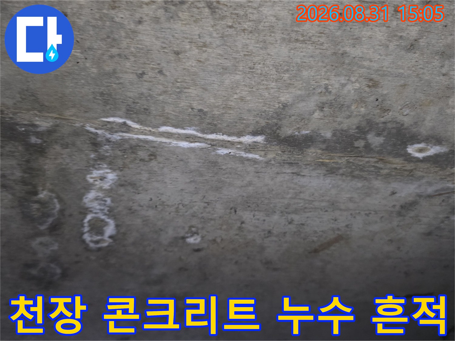 강동구 암사동 현장의-콘크리트 천장 누수 얼룩과 하얀 석회 자국