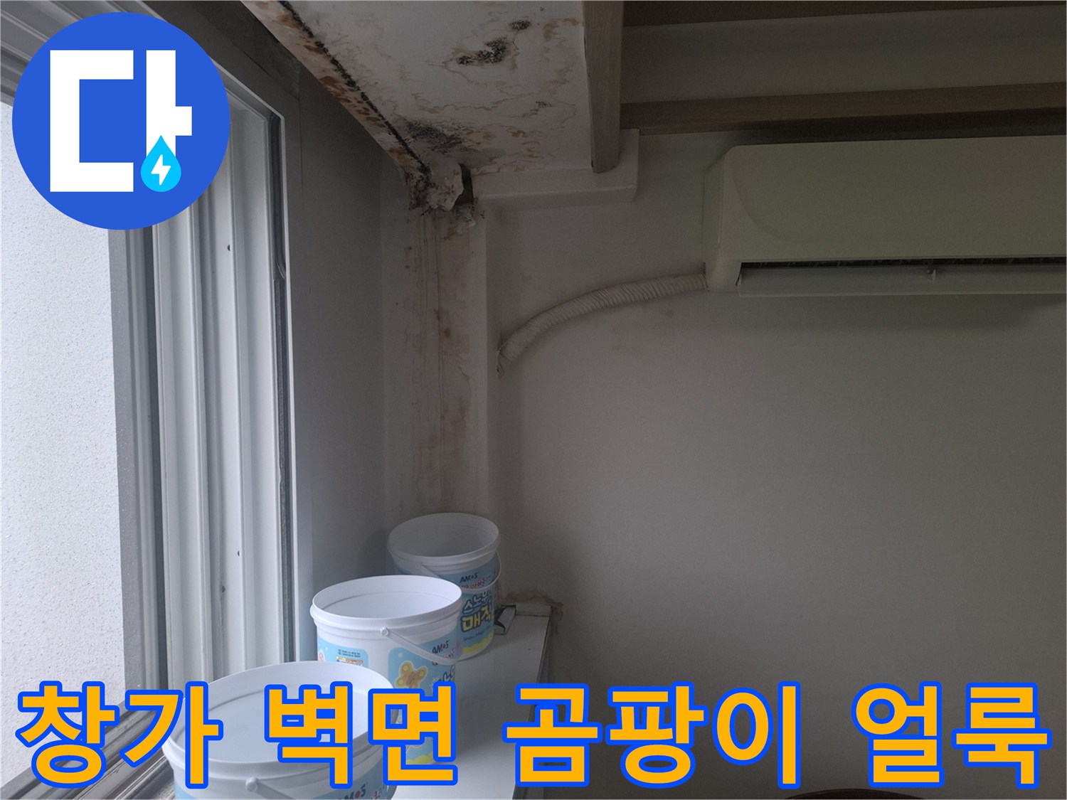 창문 상단 천장 부근의 젖은 흔적과 곰팡이 발생 상태