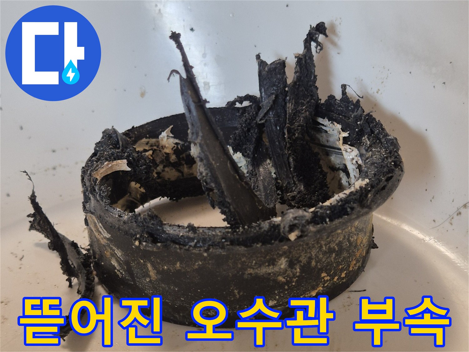 오수관 연결용 정심이 찢어져서 조각난 모습