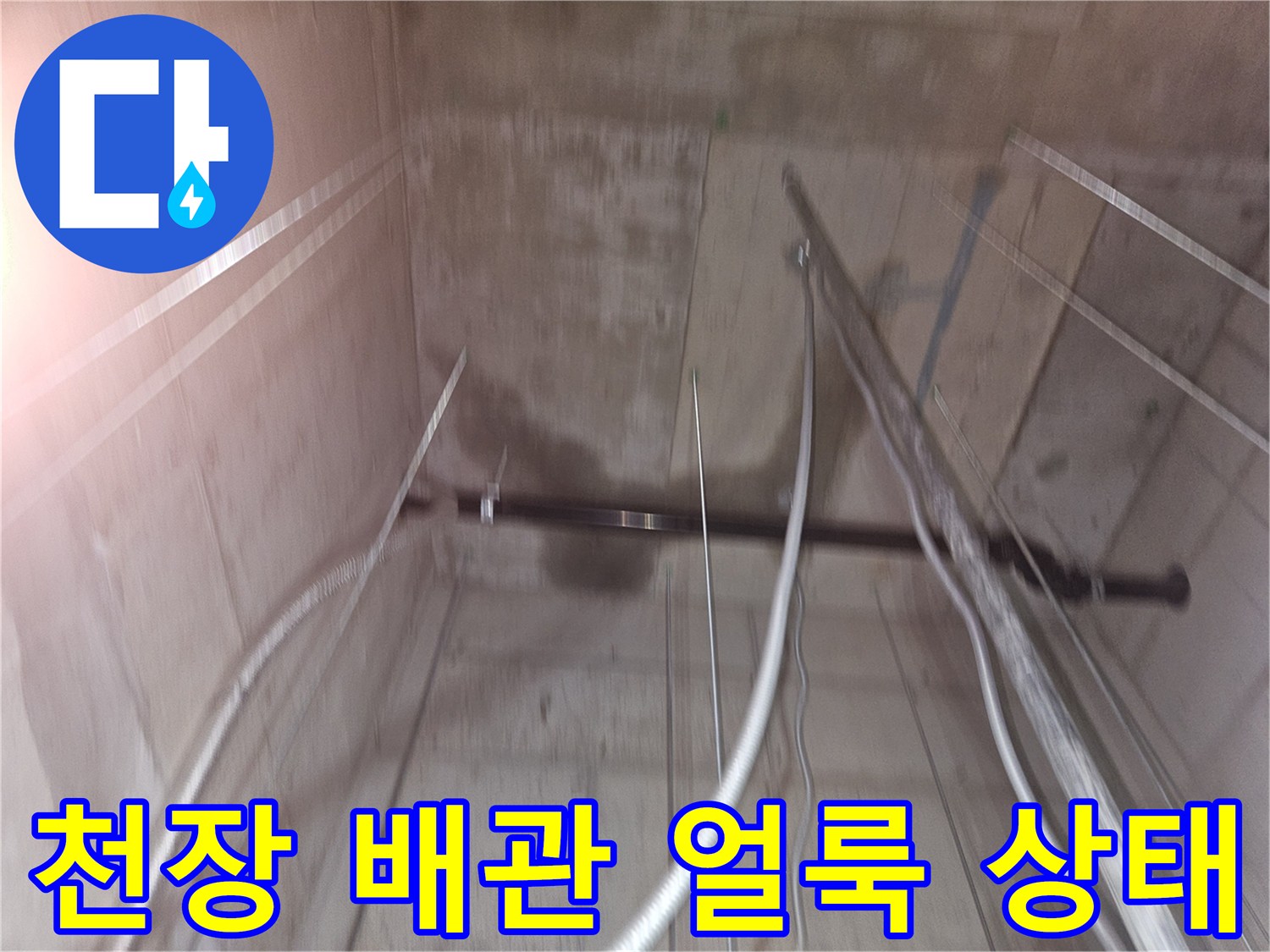지하 창고 천장 슬래브의 젖은 얼룩과 노출된 금속 배관