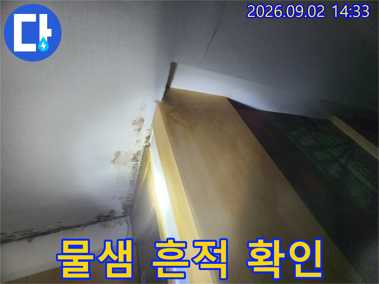 천장 마감재에 나타난 물샘 자국과 곰팡이 오염