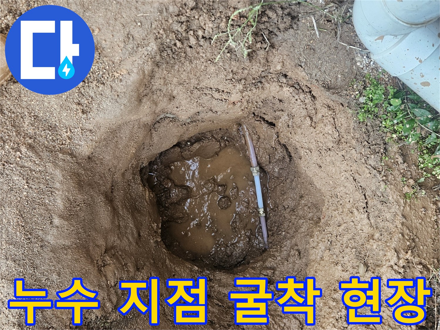 용인 처인구 누수 탐지 - 흙 속에서 발견된 배관 파손 및 고인 물입니다.