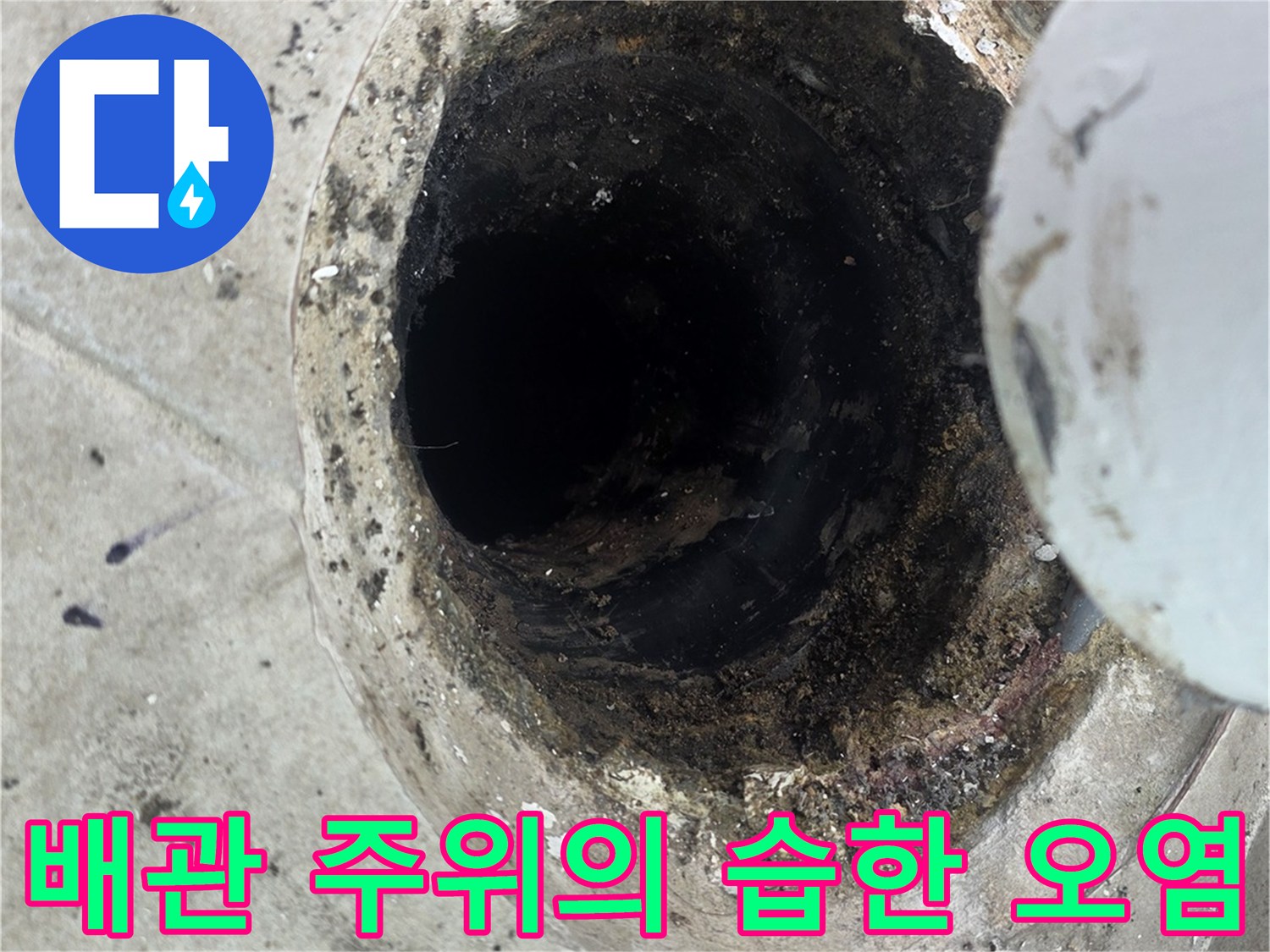 우수관 주변의 젖어 있는 마감재와 이물질