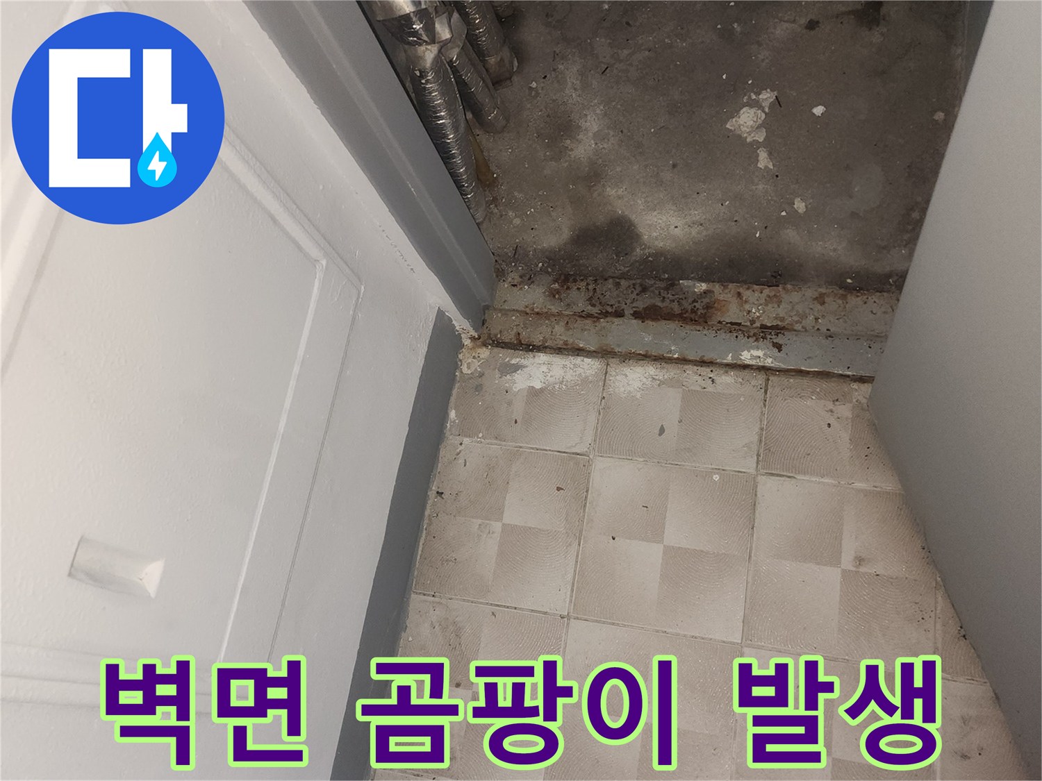 배관 주변 벽면에 발생한 검은 곰팡이와 습기