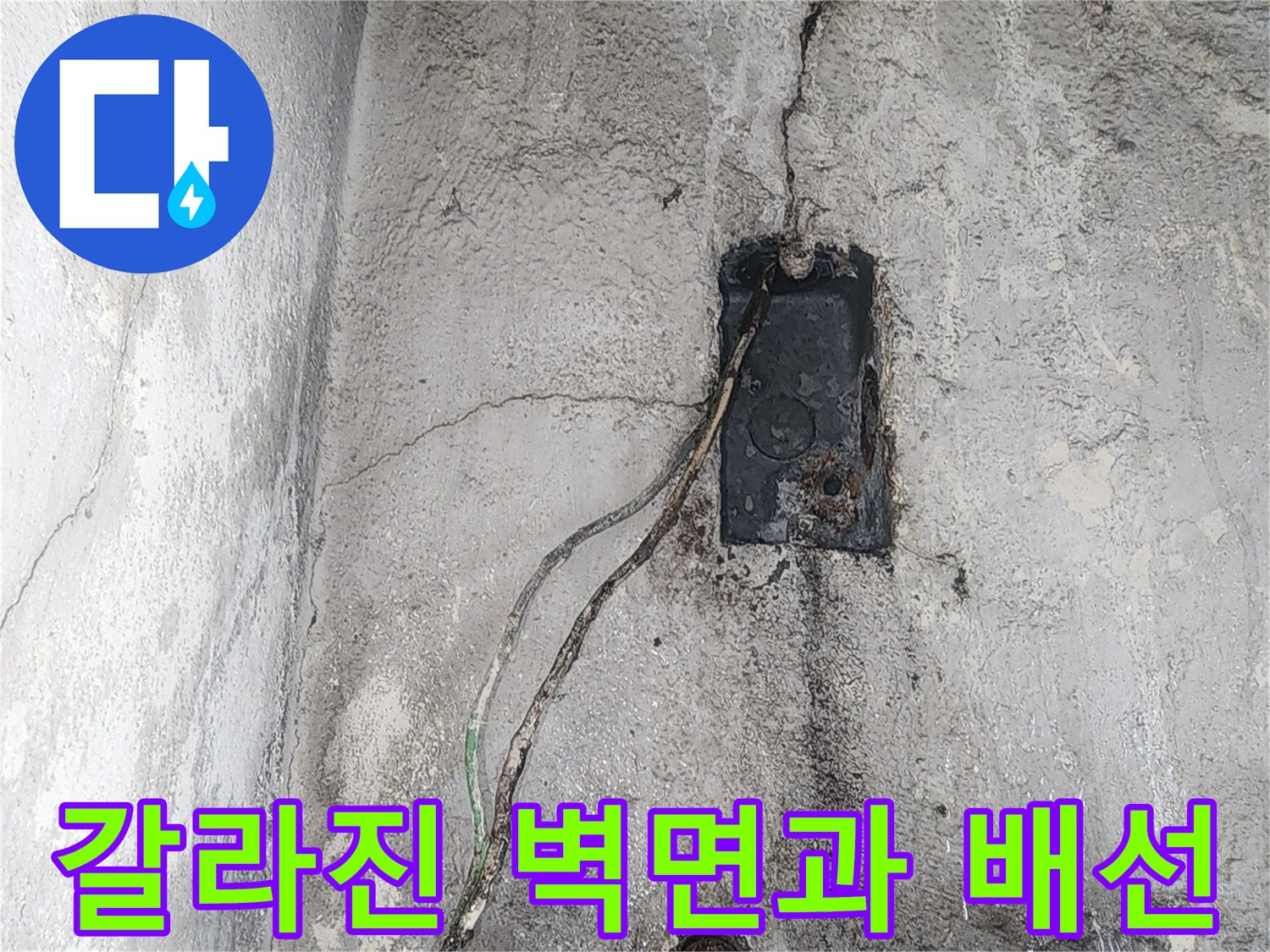 콘크리트 균열 사이로 삐져나온 전선과 습기에 오염된 벽체