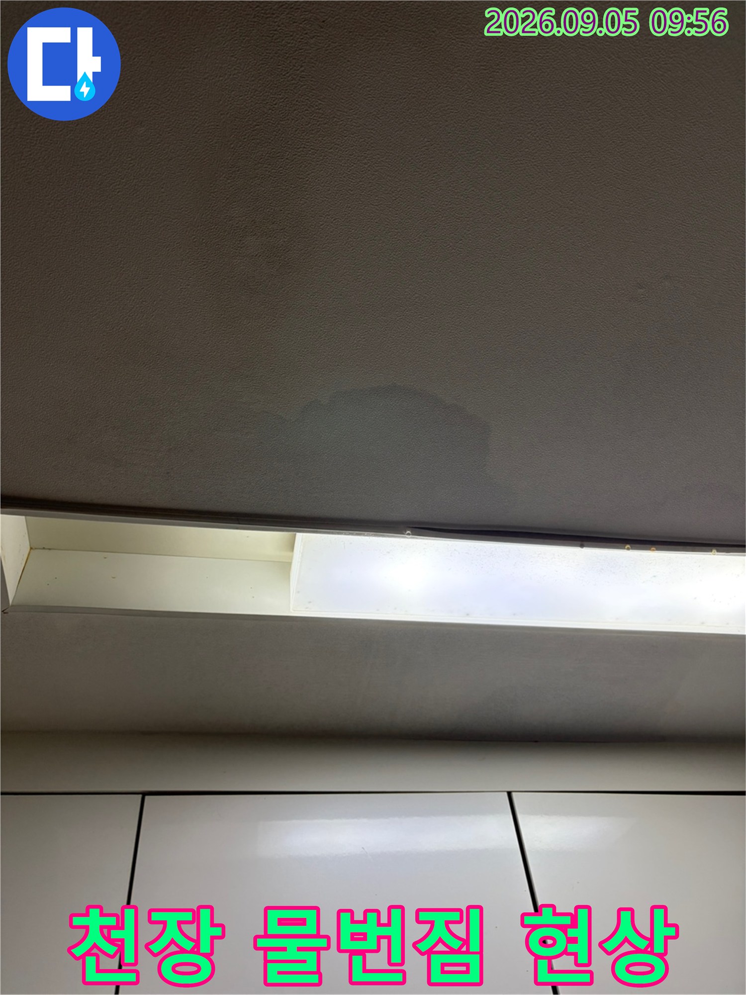 싱크대 근처 천장 마감재에 나타난 수침 흔적과 변색된 부위